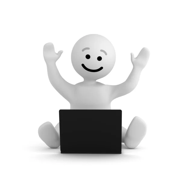 Αστείο χαμόγελο χαρακτήρα με laptop — Φωτογραφία Αρχείου