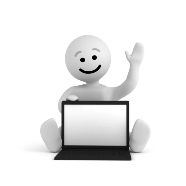 Grappige glimlach karakter met laptop — Stockfoto