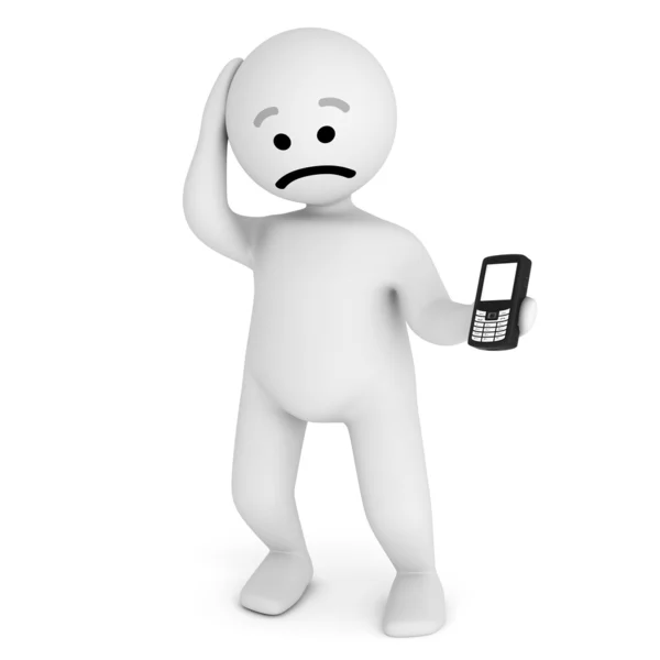 Personagem triste engraçado com telefone celular — Fotografia de Stock