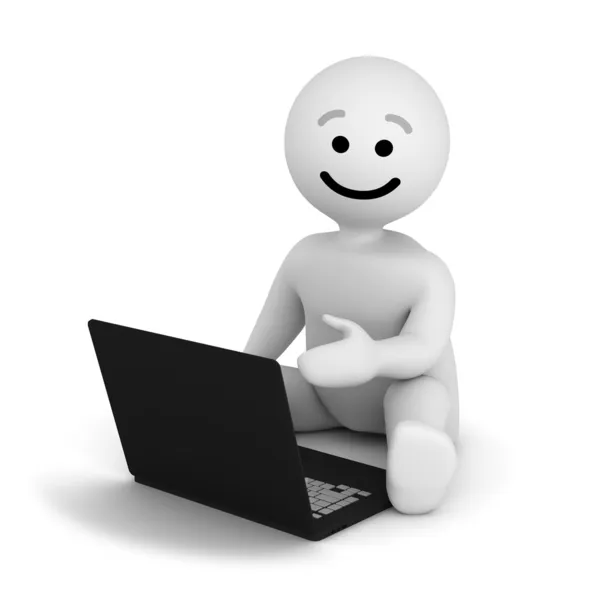 Dizüstü bilgisayar ile komik bir gülümseme karakter — Stok fotoğraf