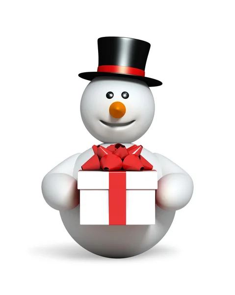 Снеговик с подарком — стоковое фото