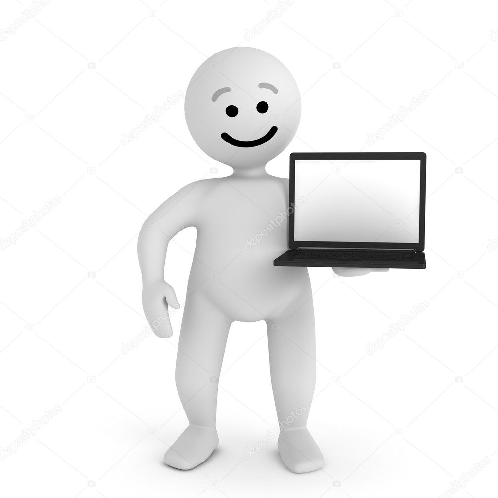 Funny smile character with laptop