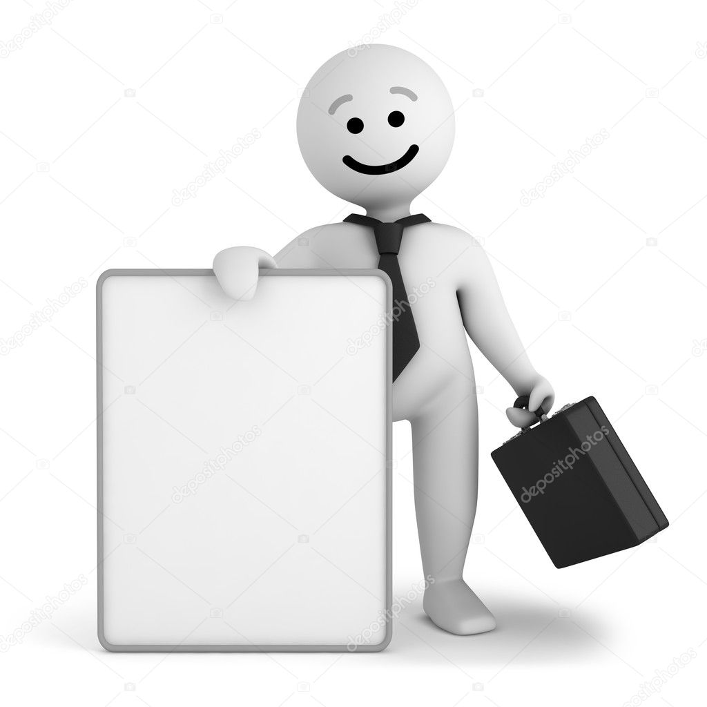 Funny smile character businessman with banner