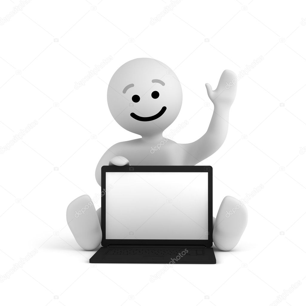 Funny smile character with laptop