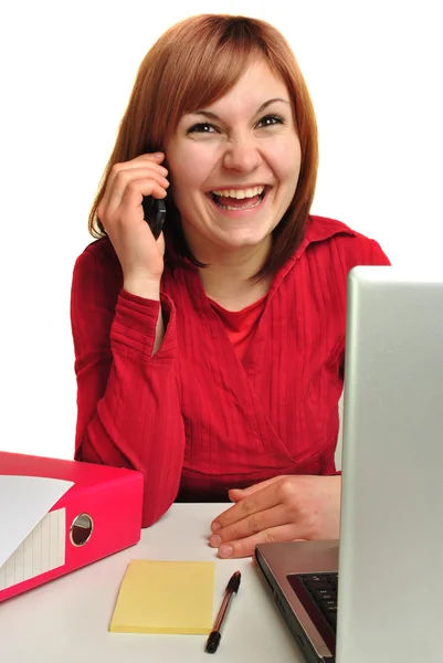 Assistente de escritório ao telefone, feliz e rindo — Fotografia de Stock