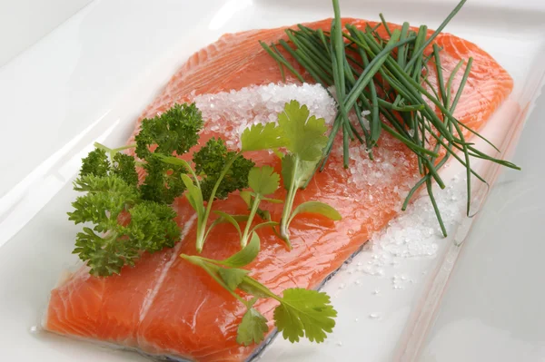 Filete de salmón en un plato blanco se prepara como alimento —  Fotos de Stock