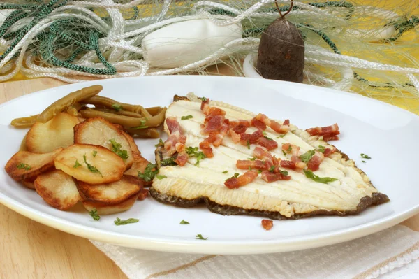 stock image Plaice with some potato and organic beans