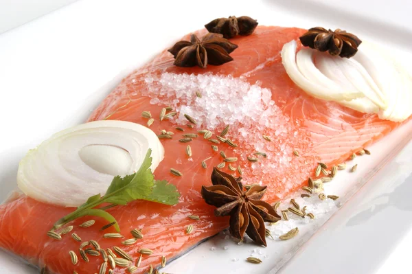 Salmon fillet on a white plate is prepared as food — Stock Photo, Image