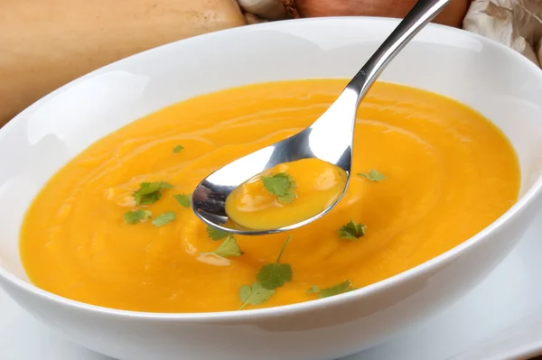Organic and healthy butternut squash creme soup — Stock Photo, Image