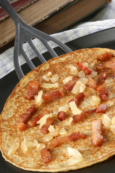 Home made pancakes with onions and bacon — Stock Photo, Image