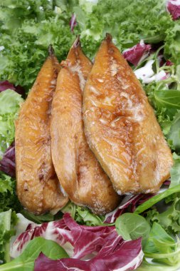 Smoked mackerel fillets on fresh organic lettuce clipart