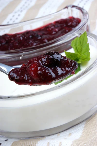 Organic fruit jelly with natural yoghurt and mint — Stock Photo, Image