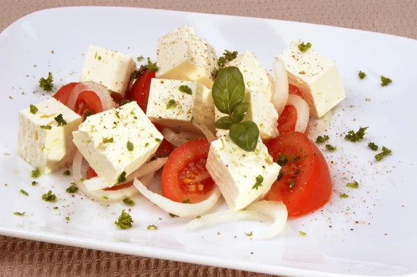 Řecké kozí sýr s rajčaty a bazalkou — Stock fotografie