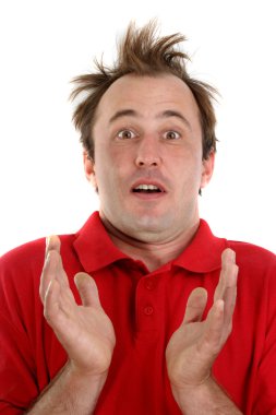 Young man in a red shirt is very surprised clipart