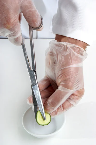 Uma fatia de pepino está sendo estudada no laboratório de alimentos. — Fotografia de Stock