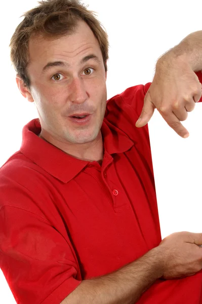 Giovane uomo che punta il dito indice su una lavagna bianca — Foto Stock