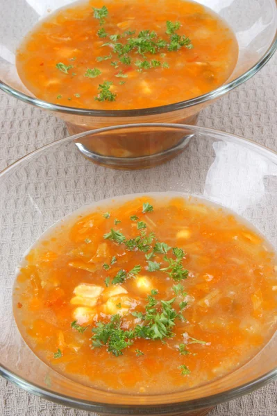 Vegetarian vegetable soup with corn and carrots — Stock Photo, Image