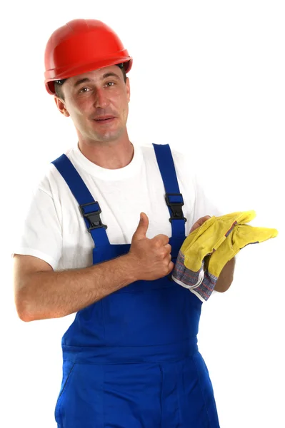 Artisan avec casque de sécurité rouge et gants de protection — Photo