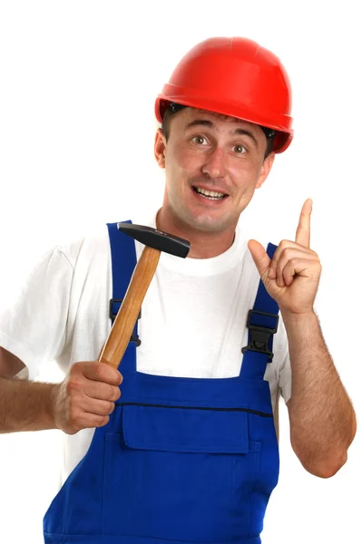 Hantverkare med en vit t-shirt med en hammare — Stockfoto