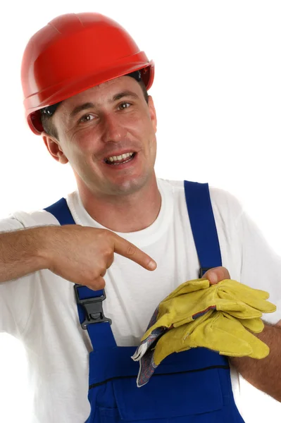 Hantverkare i arbetet och gula skyddshandskar — Stockfoto