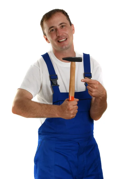 工匠与持有一把锤子白色 t 恤 — 图库照片