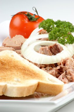 Tuna tost domates, maydanoz ve soğan halkaları ile