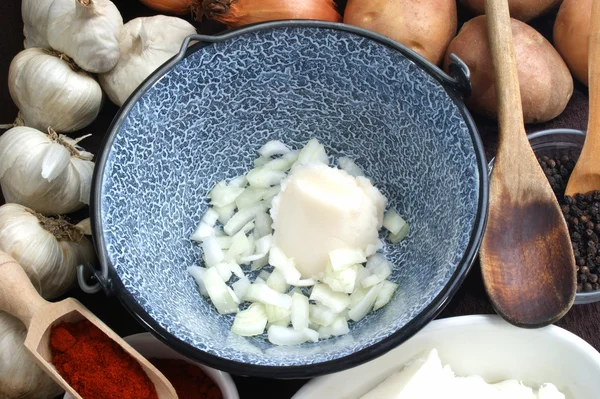 Schmalz mit Zwiebeln in einem kleinen Topf — Stockfoto