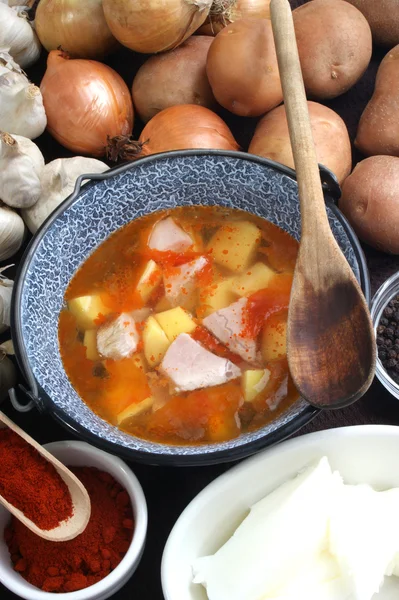 Hearty potato soup with pork in a pot — Stock Photo, Image