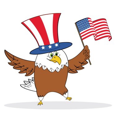 Cartoon patriotic eagle holding american flag clipart