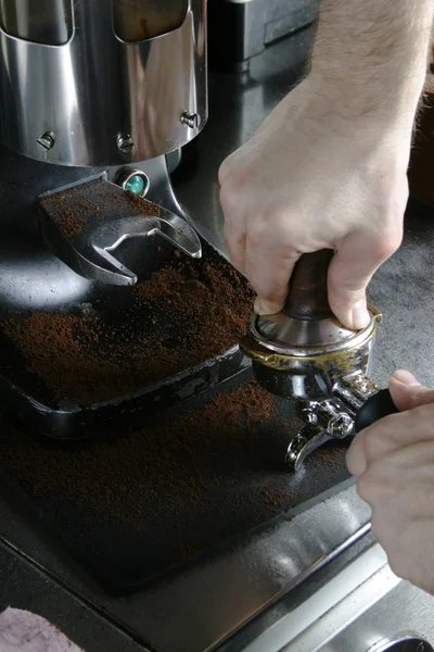 Tamping Espresso Grounds — Stock Photo, Image