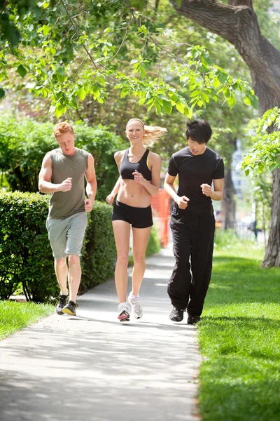 Amigos correndo juntos em um parque — Fotografia de Stock