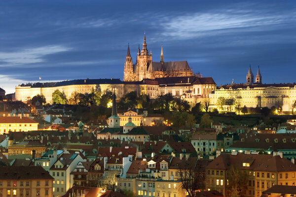 A view of the Prague Castle in the early evening, view from the Old Town Bridge Tower.