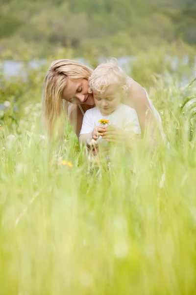 Anne ve oğlu yeşil çayır içinde — Stok fotoğraf