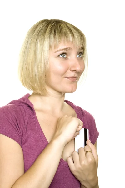 Close-up van een aantrekkelijke vrouw met een credit card — Stockfoto