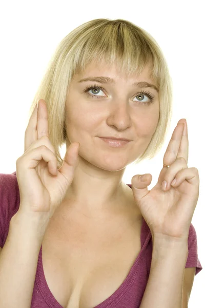 女人用交叉手指给你带来好运的特写 — 图库照片