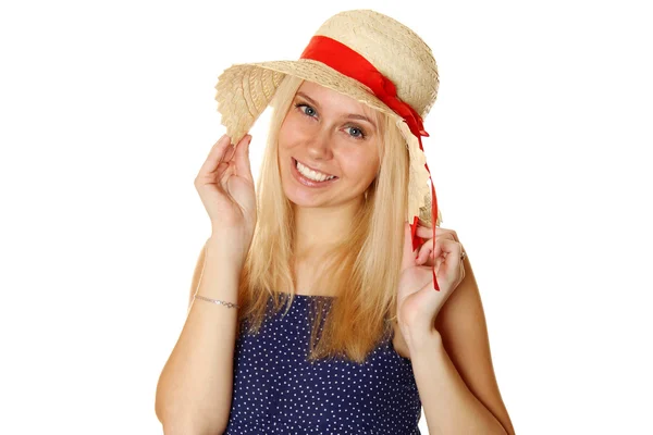 Piękne młode blond kobieta w słomkowym kapeluszu — Zdjęcie stockowe