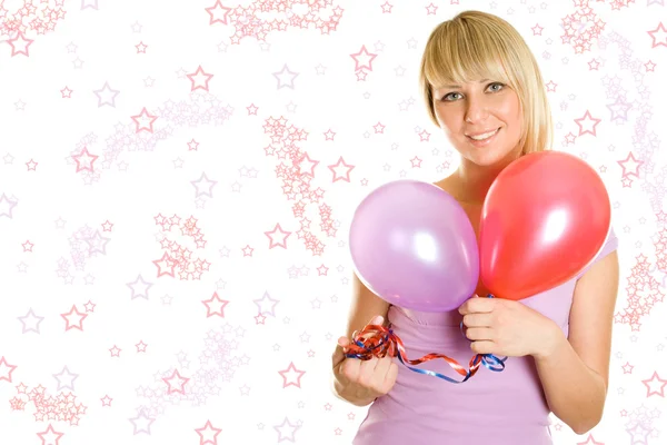 Renkli balonlar ile yakın çekim genç kadın — Stok fotoğraf