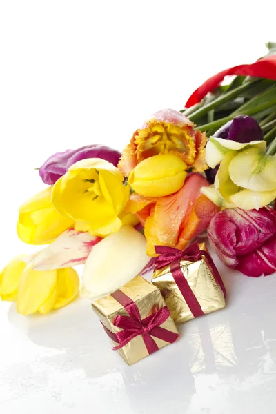 Tulpen en twee geschenkdoos — Stockfoto