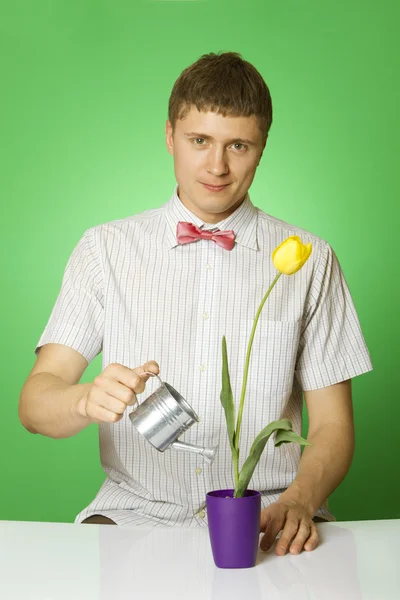 花に水をまく若い男のクローズ アップ — ストック写真