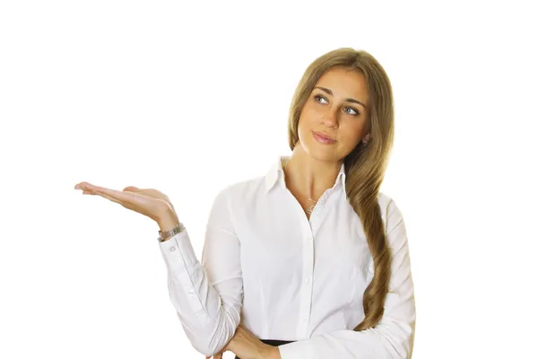 Zeigt Geschäftsfrau, isoliert auf weiß — Stockfoto