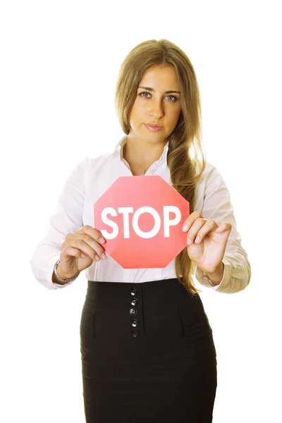 Business woman holding a STOP sign — Stock Photo, Image