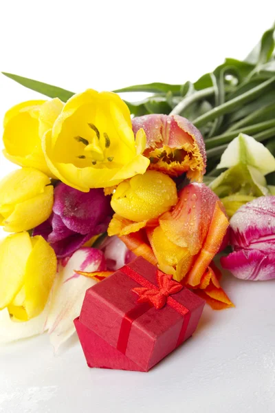 Tulipanes y caja de regalo roja — Foto de Stock