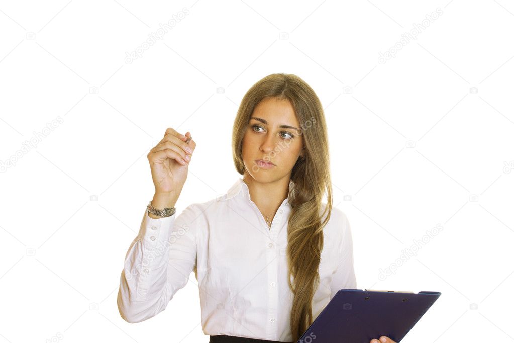 Young businesswoman writing with pen