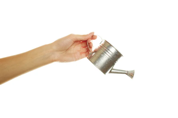 Mão de mulher com uma lata de rega de aço — Fotografia de Stock