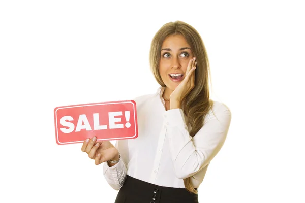 Affärskvinna håller försäljning kort — Stockfoto