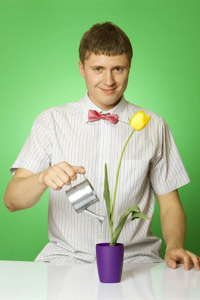 Nahaufnahme eines jungen Mannes, der eine Blume gießt — Stockfoto