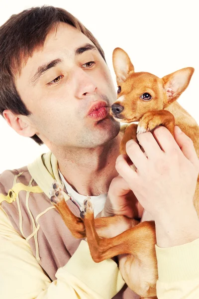 Man kising a small pincher puppy — Stock Photo, Image
