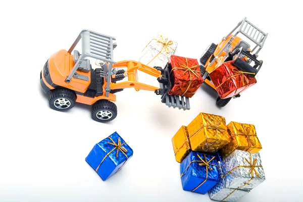 Model toy trucks shifted gifts — Stock Photo, Image