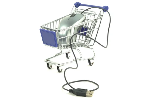 O cartão de compras e mouse de computador — Fotografia de Stock