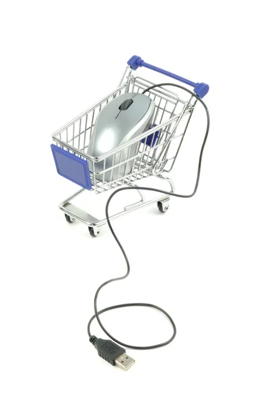 Cartão de compras e mouse computador — Fotografia de Stock